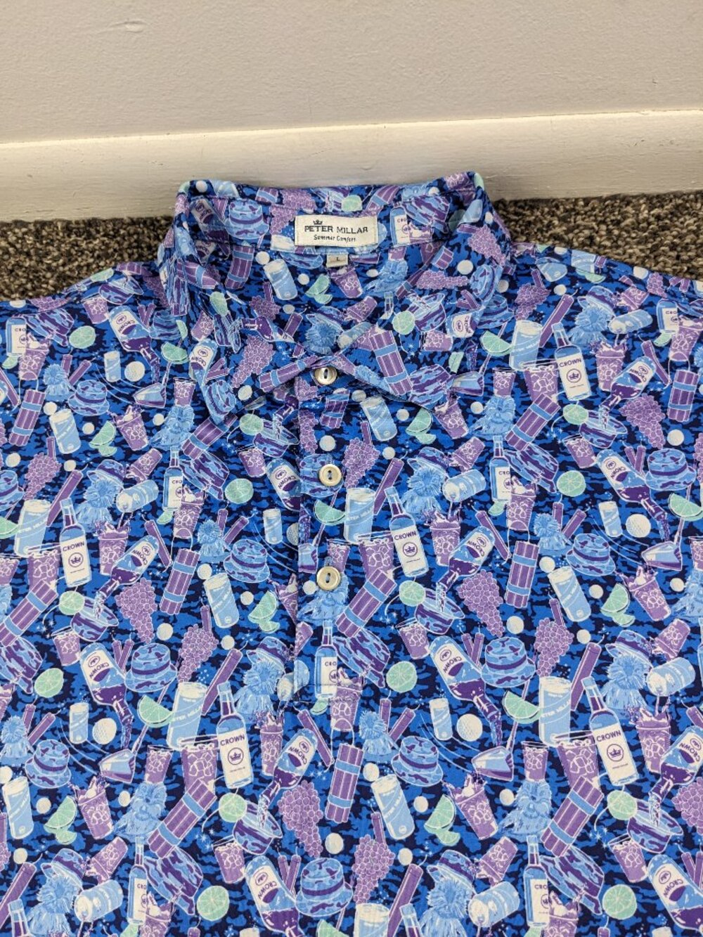 Peter Millar Golf Polo Cocktail Bomb Gopher Purple All Over Print Mens Large
